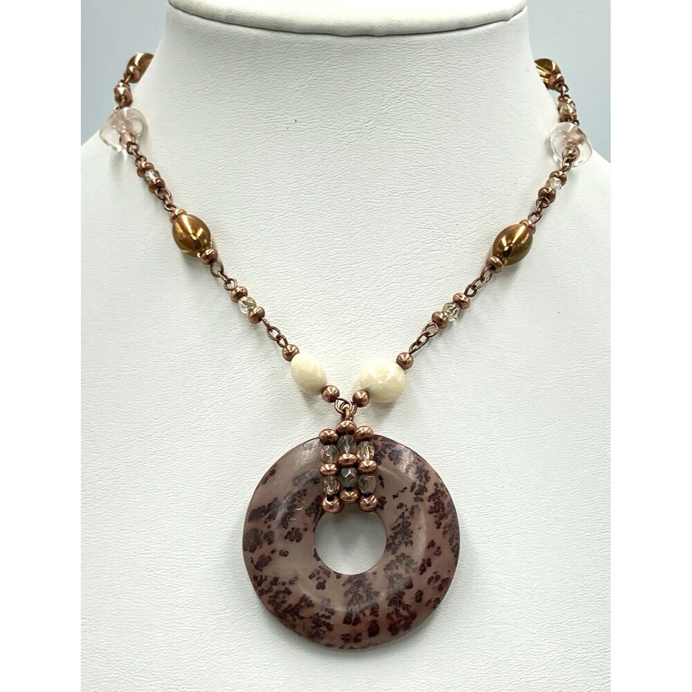 Lia Sophia Necklace Brown Stone Donut Pendant Copper Tone Signed 19in Boho